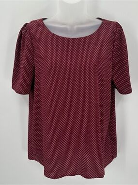 H&M Blouse Womens 10 Burgundy Leaf Print Short Puff Sleeve Top Fall New